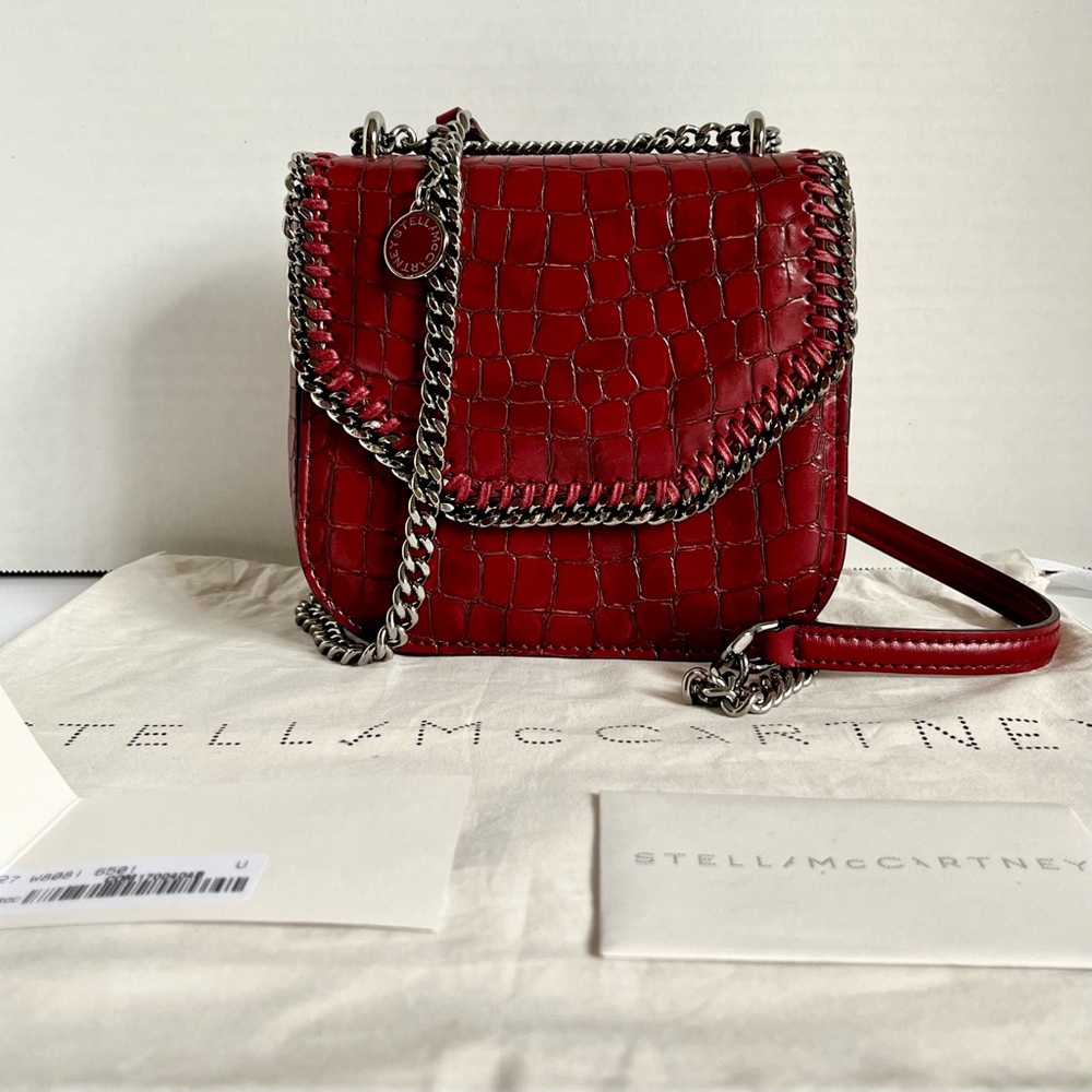 Stella McCartney Embossed Crocodile Effect Falabella Box Shoulder Bag Dark Red - Picture 2 of 14